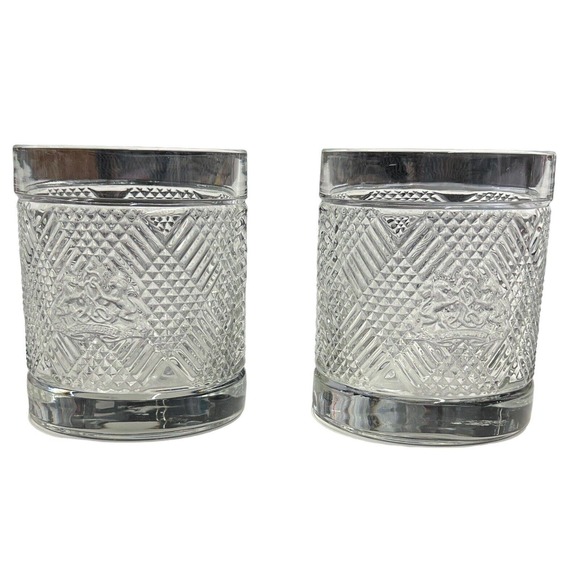 Ralph‎ Lauren Safari Argyle Double Plaid Old Fashioned Lion Crest Glass Set Of 2 - Picture 1 of 4
